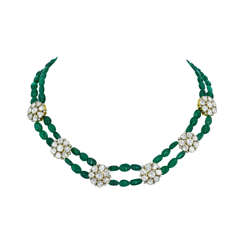 Double-Strand Emerald Bead Necklace with Polki Clusters